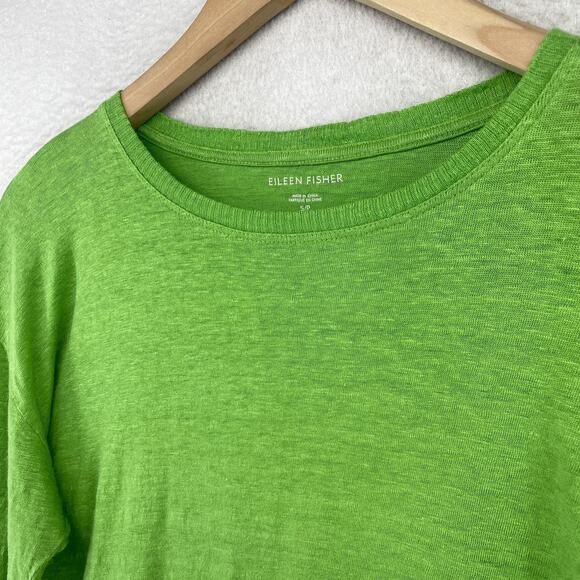 EILEEN FISHER Top S Organic Linen Slub Jersey Pocket Rib Trim 3/4 Sleeve Green - Picture 2 of 11
